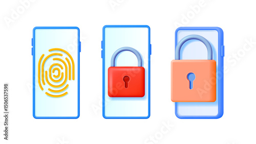 Three smartphone screens with authentication symbols. Fingerprint scan, red padlock, and orange padlock illustrate secure mobile access concept.