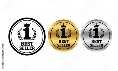 Best Seller Number One Badge Icons - Black, Gold, and Silver Label Set for Product Marketing and Online Sales Promotion