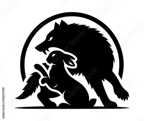 Wolf Biting Rabbit Silhouette Logo