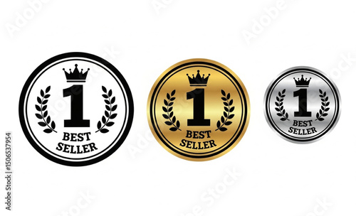 Best Seller Number One Award Medals in Gold, Silver and Black | Vector Icon Set for Product Marketing and Achievements
