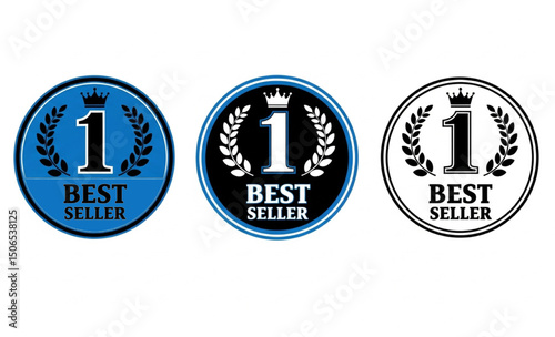 Number One Best Seller Badge Set | Award Icon with Laurel Wreath and Crown for Product Promotion, Sales and Marketing Materials