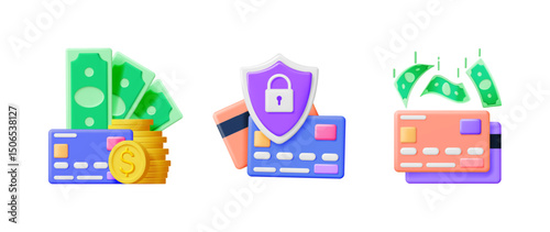 Money and credit card assets 3d icon set. Online payment and financial security concept. Digital transaction and banking illustration.