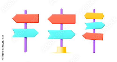 Colorful 3d vector blank road sign set isolated on a white background. Decision making concept. Opportunity and direction choice template.