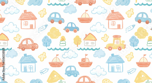 Playful Pastel Childhood Pattern with Cars, Houses, and Boats