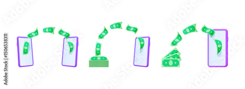 Money transferring in cartoon style. Digital transaction concept with mobile phone. Online wallet icon for instant sending currency and cash.