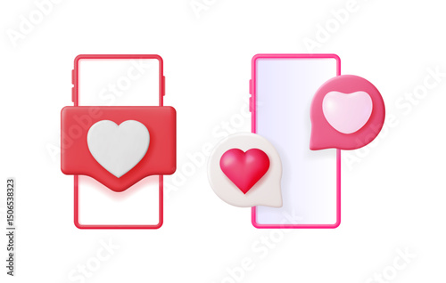 Mobile phone with social media like notification. Internet dating and love concept. Vector 3d illustration set for web and design.