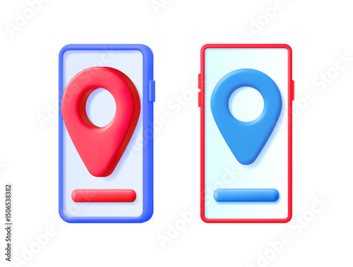 Two 3d phone illustrations with gps application for location tracking and navigation service. Smartphone device for mobile app display.