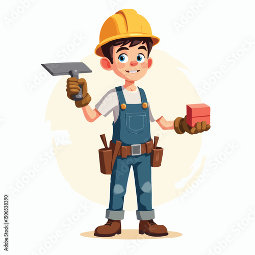 Male Construction Worker Holding Trowel and Bricks – Cartoon Vector Design