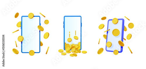 Set of 3d vector illustrations of smartphone with falling gold coins. Mobile money earning or payment concept for online banking application.