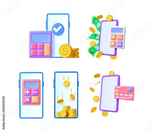 Several smartphones demonstrate mobile finance and accounting. Online payment and money transfer, financial planning via application concept.