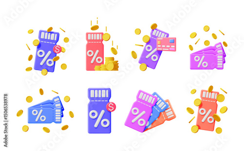 Set of 3D coupons with percent symbols and falling gold coins. Discount voucher concept for promotions and shopping. Vector illustration.
