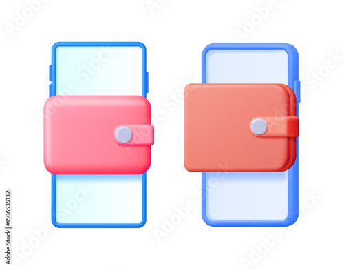 Pink wallet with money and smartphone. Digital wallet app for online payment and financial management. Mobile banking concept.