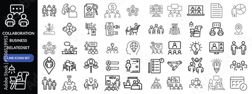 Collaboration icon set. Business related line icons teamwork, meeting, partnership, work group, business people, conference, presentation and more. Editable stroke. Vector illustration design 