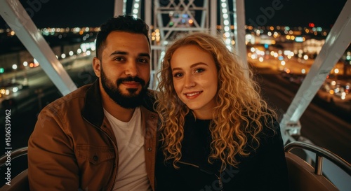 Couple enjoying a romantic ride on a Ferris wheel at night with city lights
