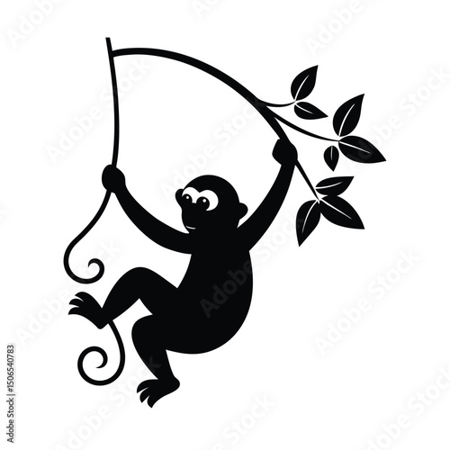 Monkey Swinging Vine Vector Silhouette