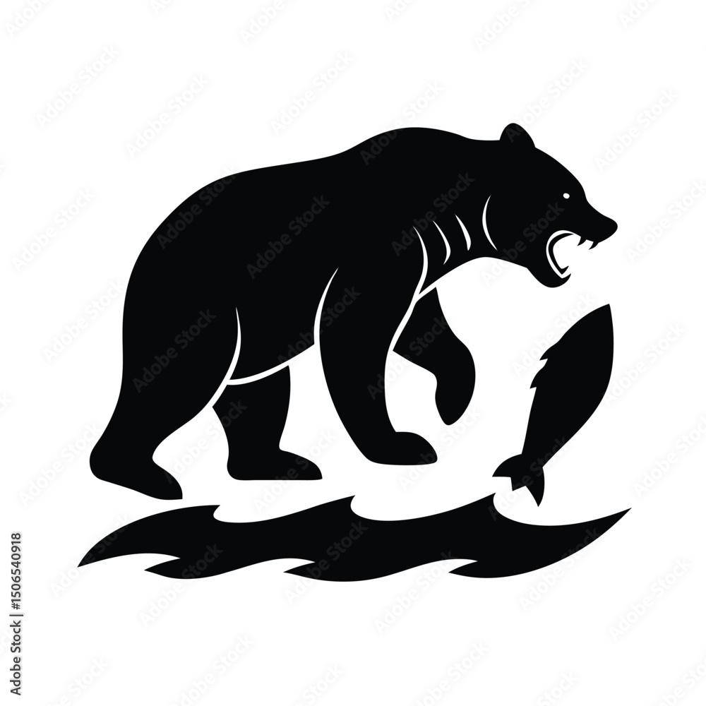 Obraz premium Grizzly Bear Catching Fish Vector Silhouette