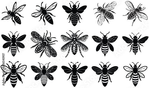 A collection of detailed black and white vector illustrations of honey bees and wasps in flight
