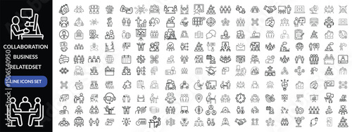 Collaboration icon set. Business related line icons teamwork, meeting, partnership, work group, business people, conference, presentation and more. Editable stroke. Vector illustration design 