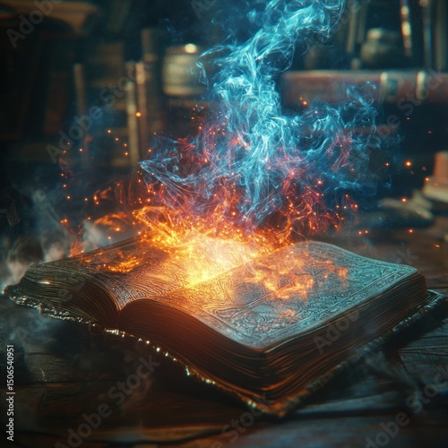 Mystical book with flames and smoke
