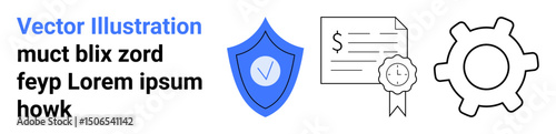 Shield with checkmark symbolizes security document with ribbon represents certification gear implies settings or processes. Ideal for business, cybersecurity, credentials, systems, technology