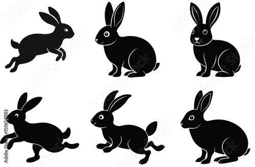 Black silhouette rabbits in various poses depicting running sitting and jumping on white background.