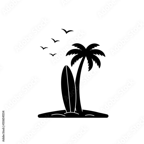 Palm Tree Surfboard Silhouette Sandy Beach Minimalistic Surfing Culture Adventure Design