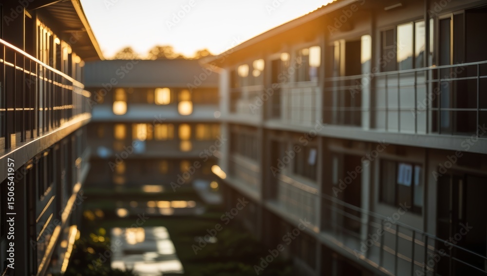 Obraz premium Blurry dormitory at sunset reflecting calm and academic atmosphere in asia