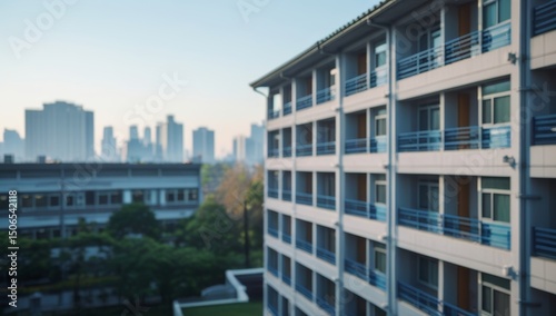 Urban apartment building with cityscape view on a bright morning cityscape