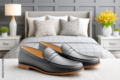 A neat pair of classic closed-toe loafers beside a bed