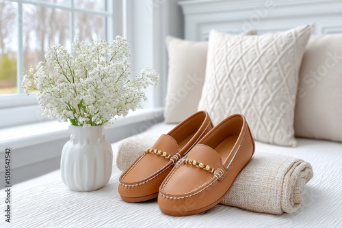 A neat pair of classic closed-toe loafers beside a bed