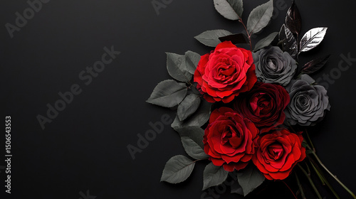 A solid black background. The color palette features deep midnight black, vivid crimson red, muted ash gray, and sharp silver highlights. 