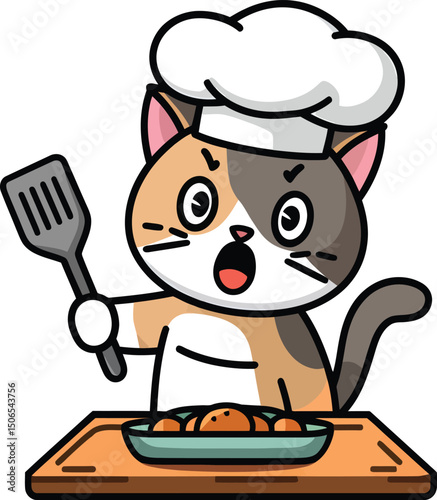 Cartoon cat chef surprised behind table with food, Illustration.