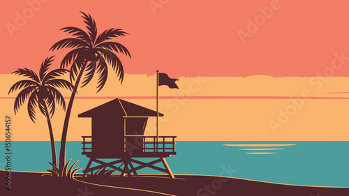 Summer landscape with lifeguard station by the sea at sunset

