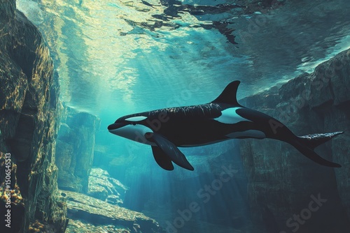 Orca swimming in aquarium exhibit