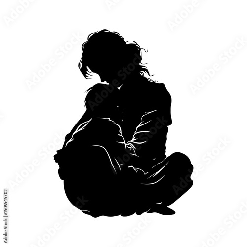 Silhouette of a mother holding her child in an emotional embrace, black and white style on a white background, symbolizing love and care