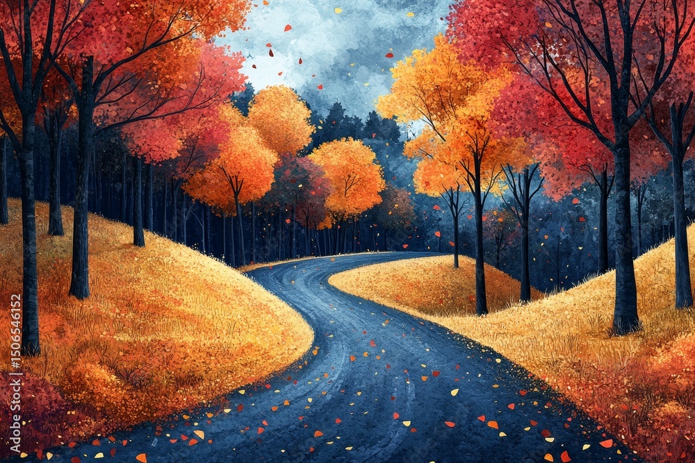 Fototapeta premium Winding autumn road through colorful forest