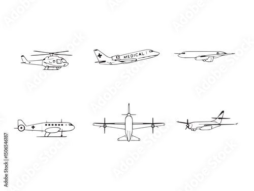 Air ambulance helicopter line drawing medical rescue sketch