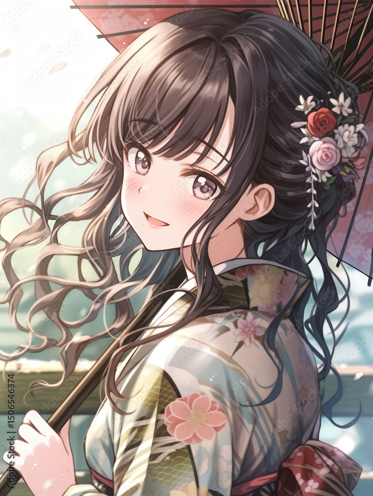 Fototapeta premium タイトル 日本画（Japanese painting）／美人画 美女 着物 anime イラスト