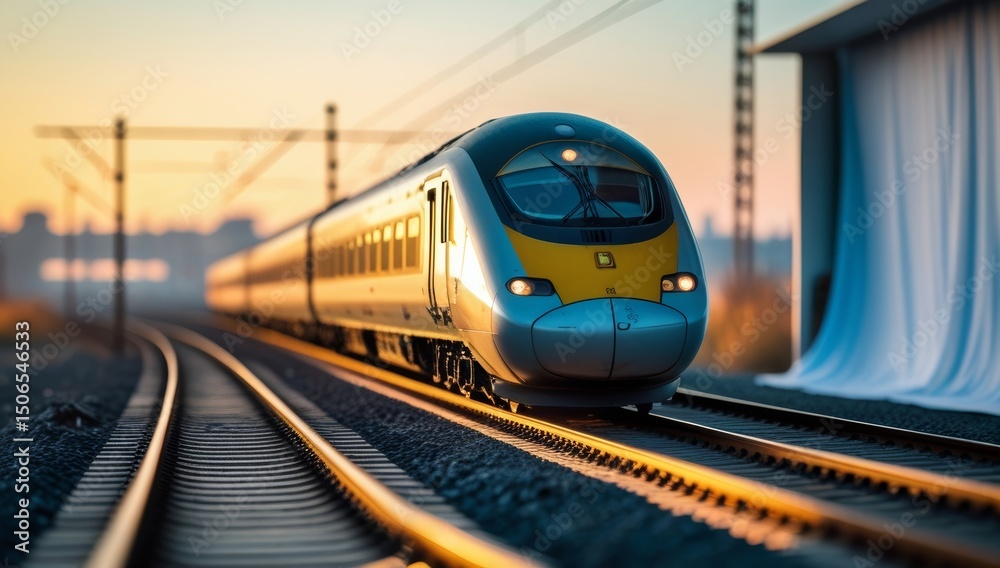 Fototapeta premium Modern Electric High-Speed Train Approaching on Tracks during Golden Hour at Sunset