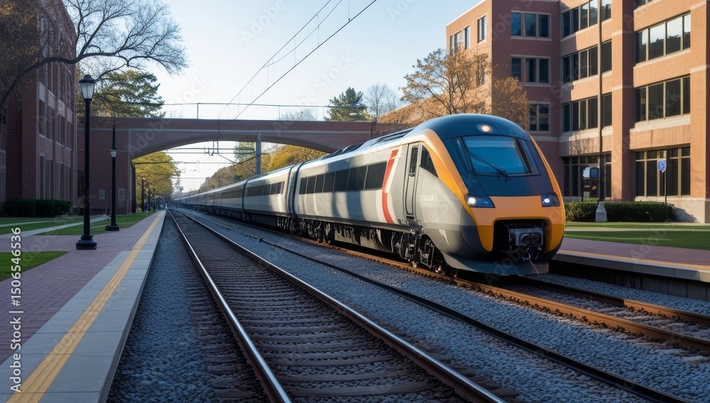 Naklejka premium Modern electric passenger train arriving at the platform during the daytime