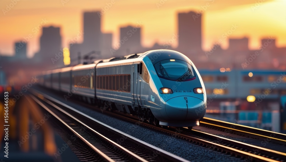 Fototapeta premium Modern electric high speed train in cityscape during sunset with vibrant light
