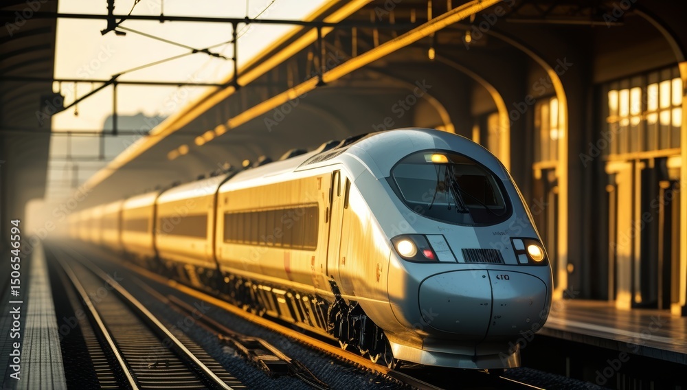 Naklejka premium High-speed train arriving at the station during a vibrant golden hour sunset