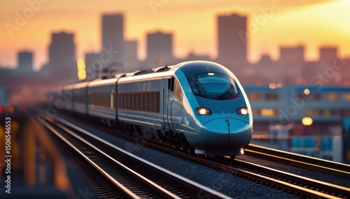 Modern electric high speed train in cityscape during sunset with vibrant light