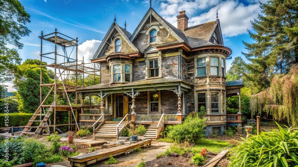Victorian House Under Renovation with Scaffolding and Lush Landscaping Victorian House Under Renovation with Scaffolding and Lush Landscaping