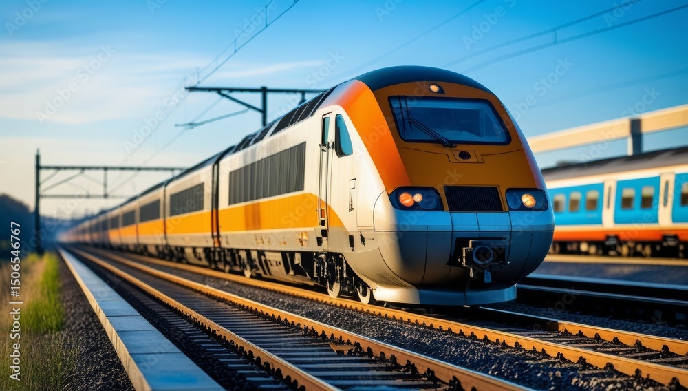 Naklejka premium High speed train gliding smoothly on the tracks during a sunny day