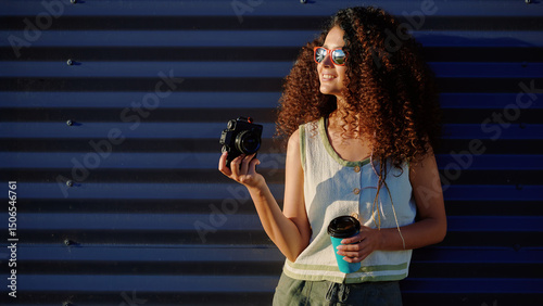smiling woman holding camera and coffee against striped background. casual summer fashion, outdoor lifestyle, curly hair, sunlight reflections. perfect for creative leisure concepts photo