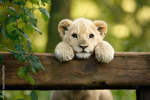 Playful lion cub resting on wooden fence in lush green environment wildlife photography close-up view nature's beauty and innocence