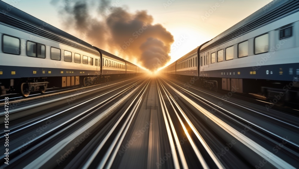 Naklejka premium Dramatic train journey at sunset with motion blur capturing speed and travel