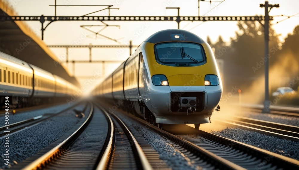 Naklejka premium High-speed train on tracks under a warm sunset representing modern transportation