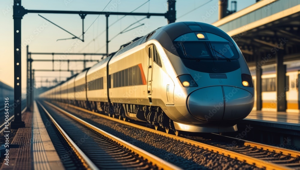 Fototapeta premium Modern high speed train on railway tracks in the evening light at station